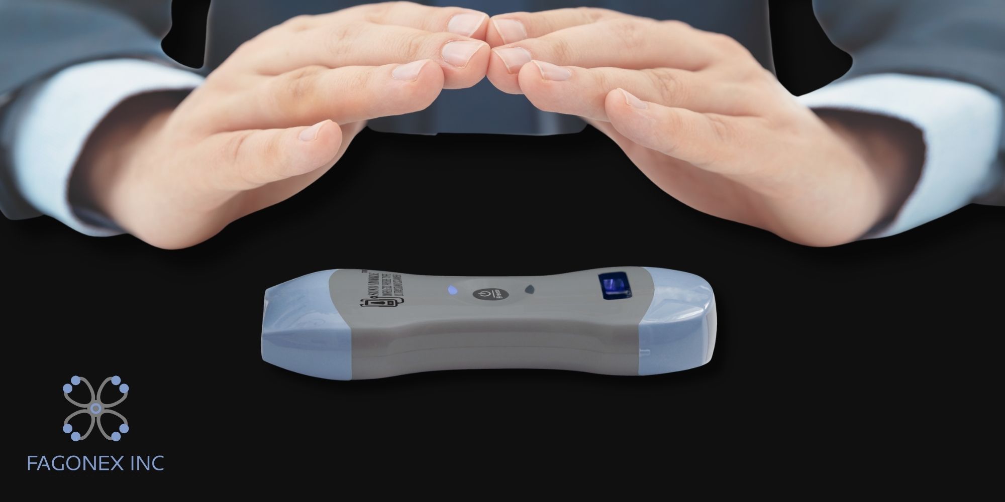 Doctor standing beside a Sono Mobile™ handheld ultrasound box, ready to provide expert assistance and help customers place their order.