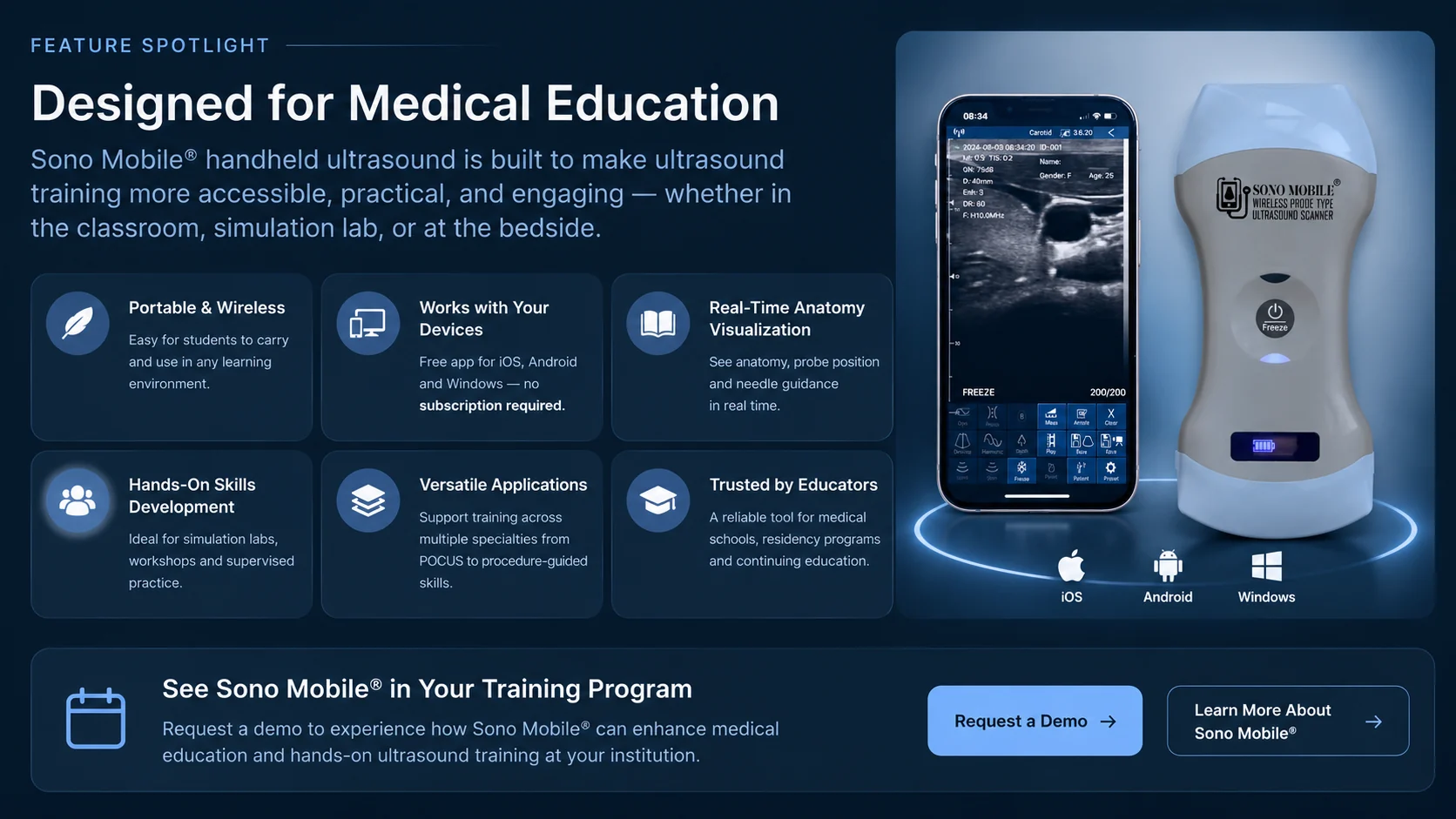 Sono Mobile® wireless handheld ultrasound device for medical education and POCUS training