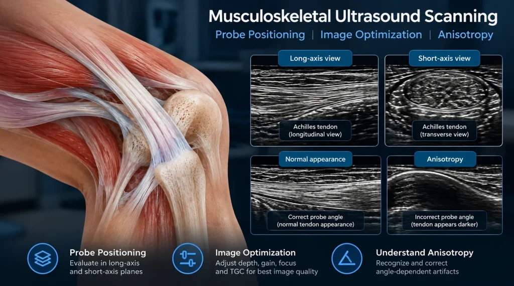 Ultrasound probe positioning for MSK scanning with long-axis and short-axis views, image optimization and tendon anisotropy