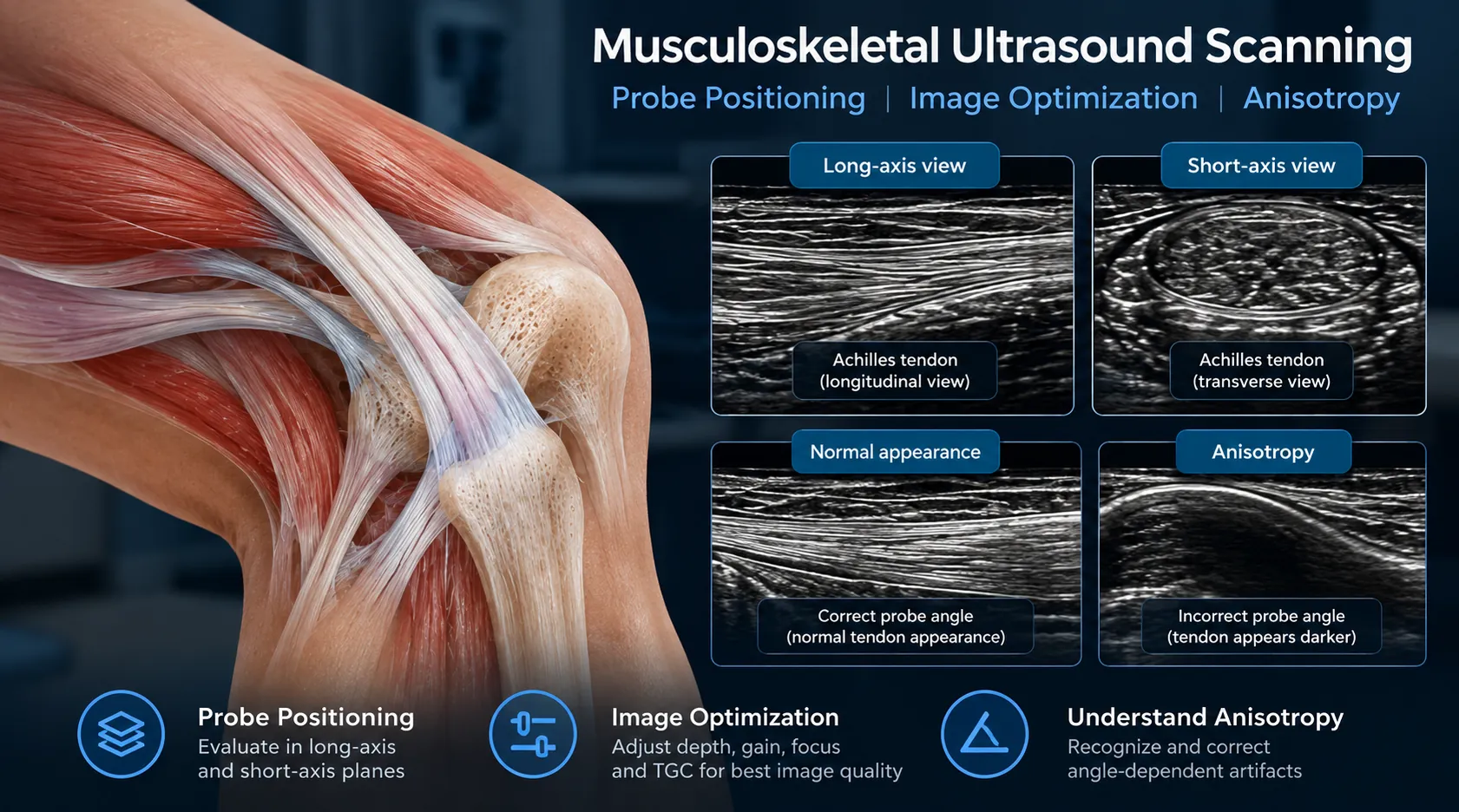 Ultrasound probe positioning for MSK scanning with long-axis and short-axis views, image optimization and tendon anisotropy