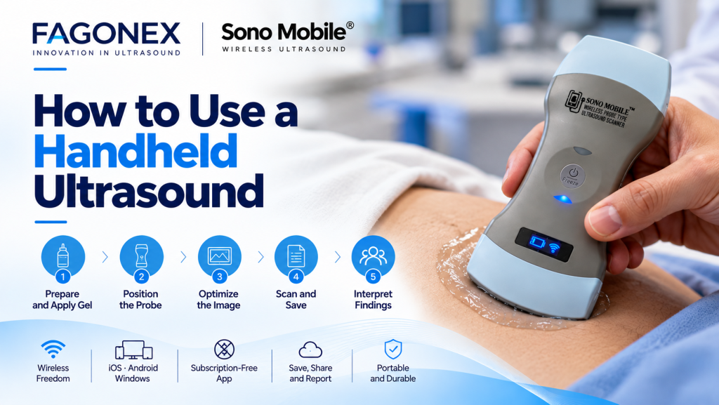 How to use a handheld ultrasound with Sono Mobile® wireless ultrasound probe, showing five steps from applying gel and positioning the probe to scanning and interpreting findings.