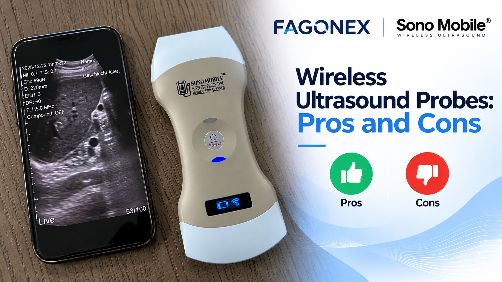 Sono Mobile® wireless handheld ultrasound probe and smartphone displaying an ultrasound scan, featured in FAGONEX's guide to wireless ultrasound probe pros and cons.