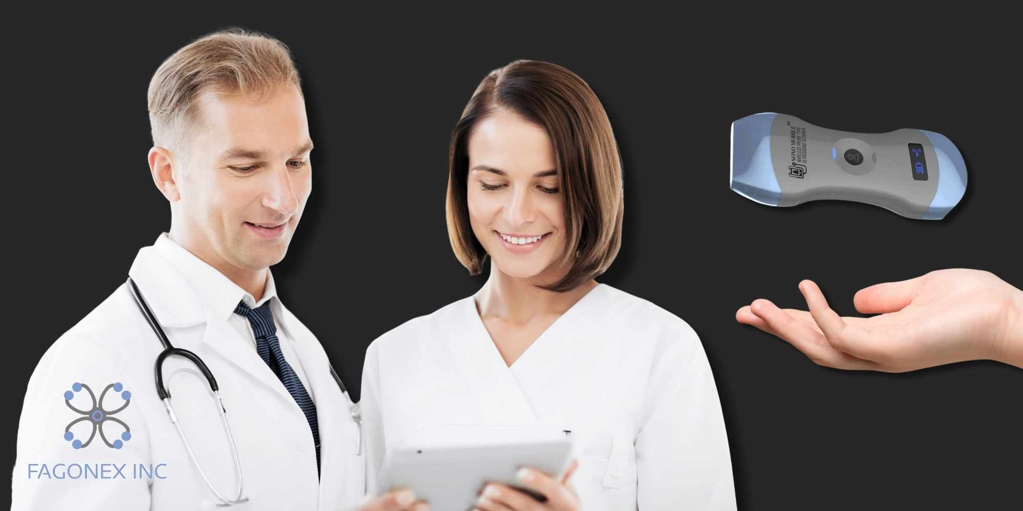 Doctor reviewing Sono Mobile™ ultrasound scan results on a tablet for real-time point-of-care imaging and clinical assessment