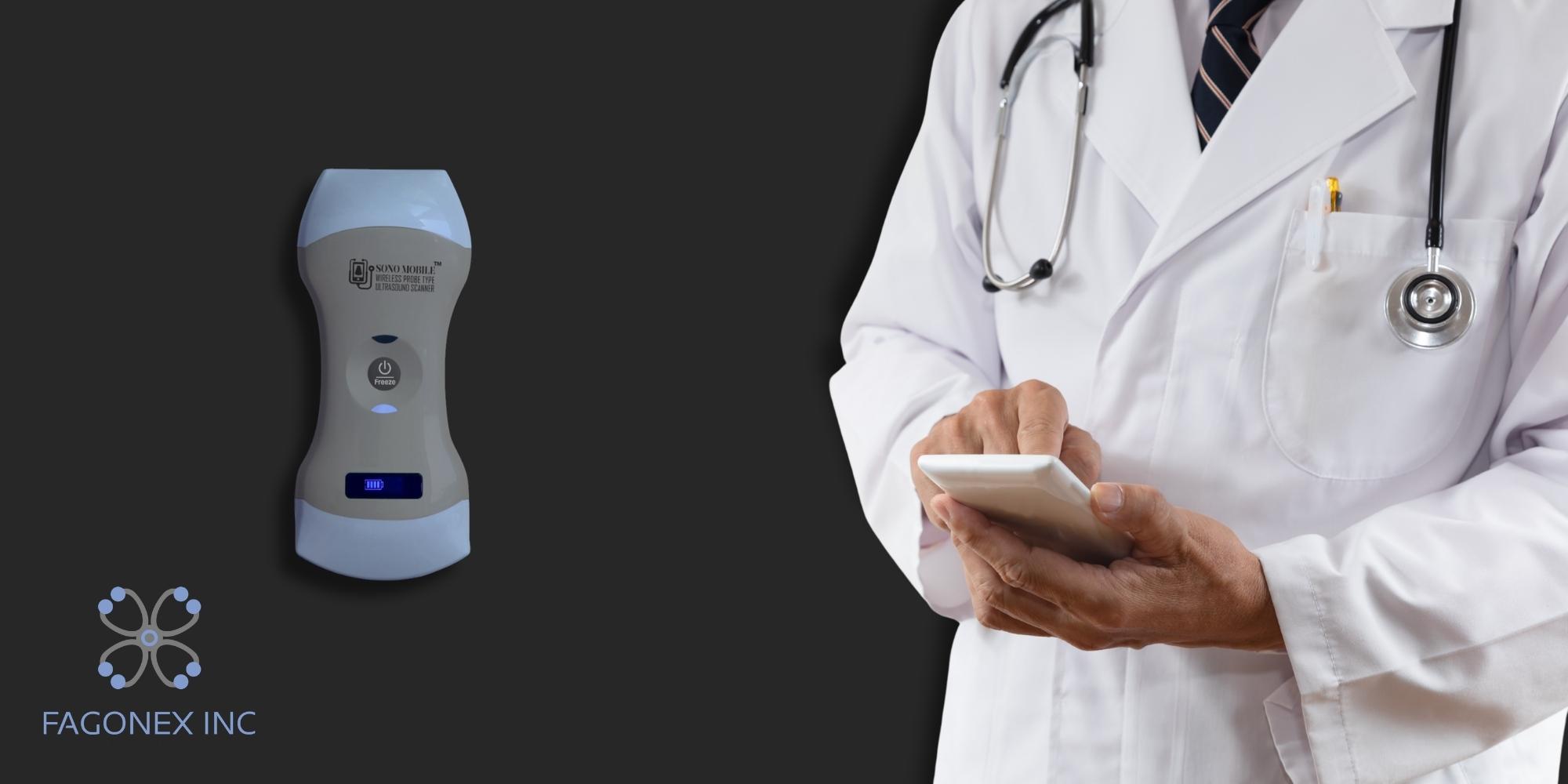Doctor connecting a smartphone to Sono Mobile™ handheld ultrasound device for real-time point-of-care imaging.