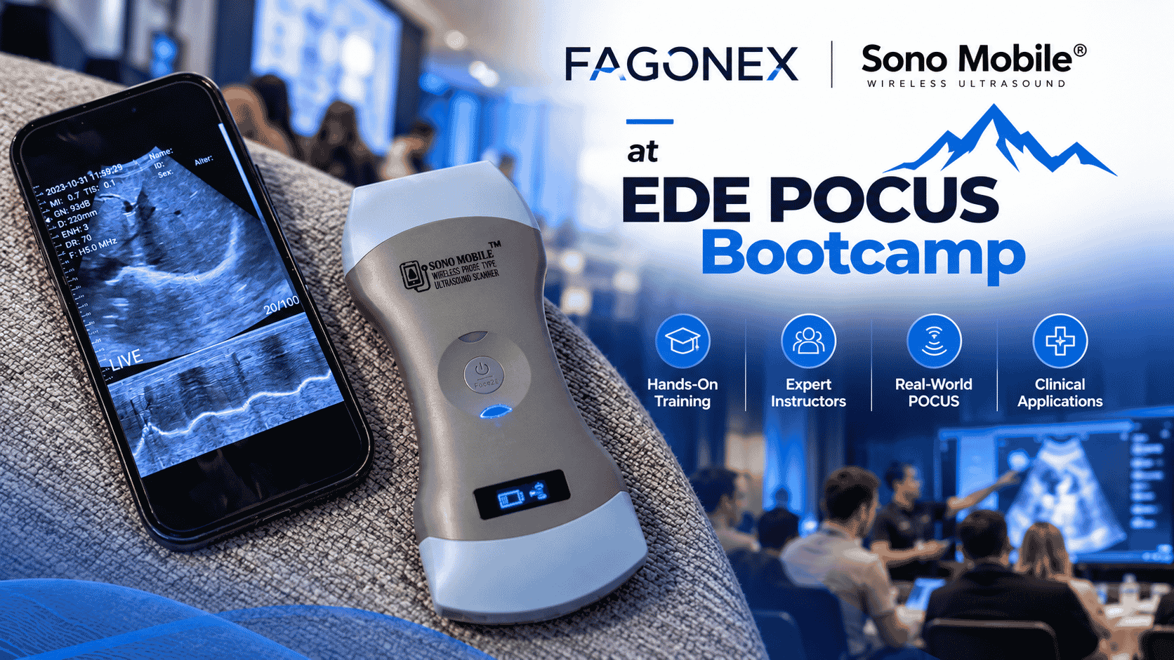 FAGONEX Sono Mobile® wireless handheld ultrasound device featured in promotional artwork for the EDE POCUS Bootcamp.