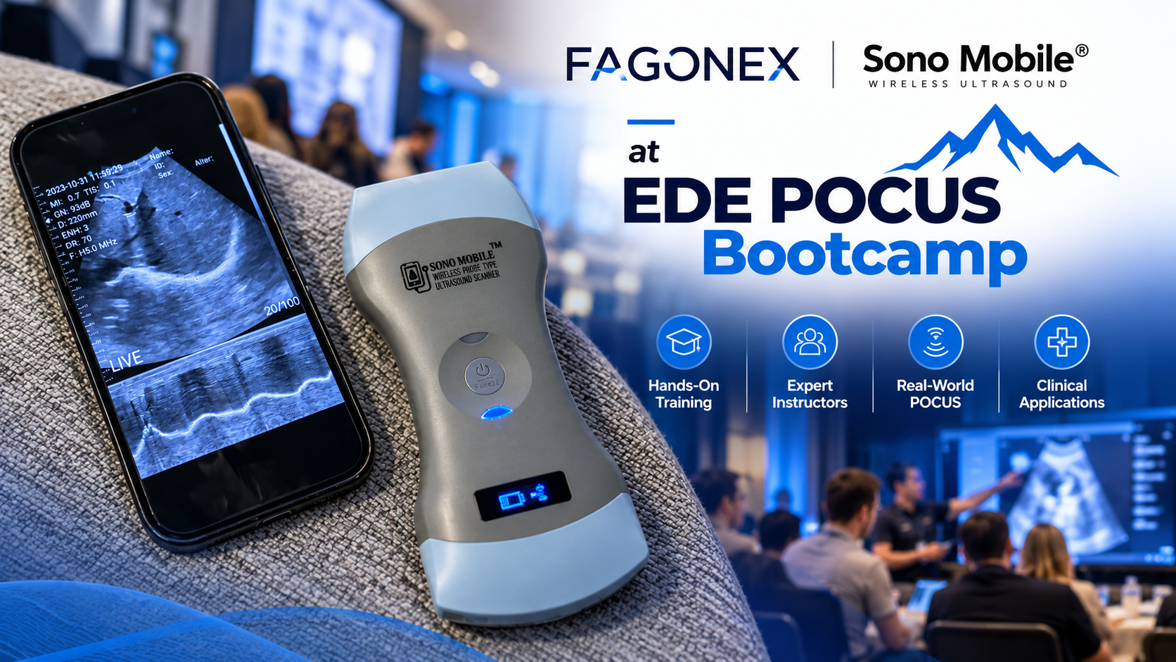 FAGONEX Sono Mobile® wireless handheld ultrasound device featured in promotional artwork for the EDE POCUS Bootcamp.