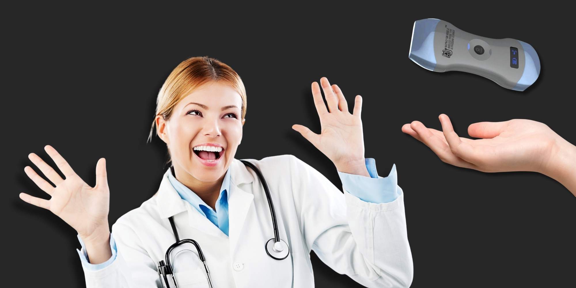 Doctor greeting and welcoming the Sono Mobile™ handheld ultrasound device during a clinical demonstration.