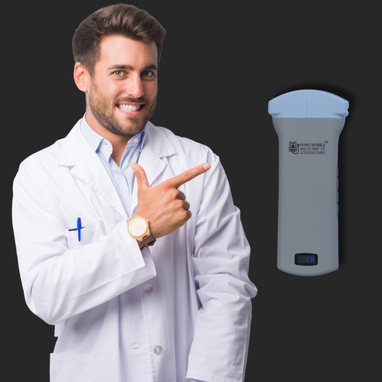 Smiling doctor pointing to a Sono Mobile™ C6 single-head wireless handheld ultrasound device, showcasing confidence in portable point-of-care imaging technology. The healthcare professional appears pleased while highlighting the compact, wireless ultrasound system designed for modern clinical practice.