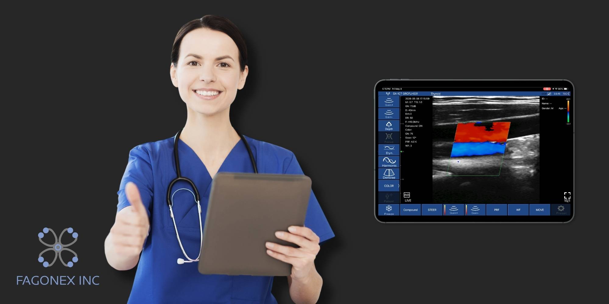 Doctor performing ultrasound scanning using Sono Mobile on a tablet.