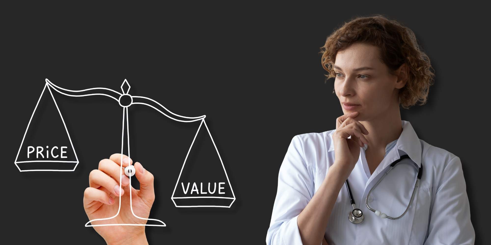 Doctor thoughtfully considering cost versus value of Sono Mobile™ handheld ultrasound system for clinical decision-making.