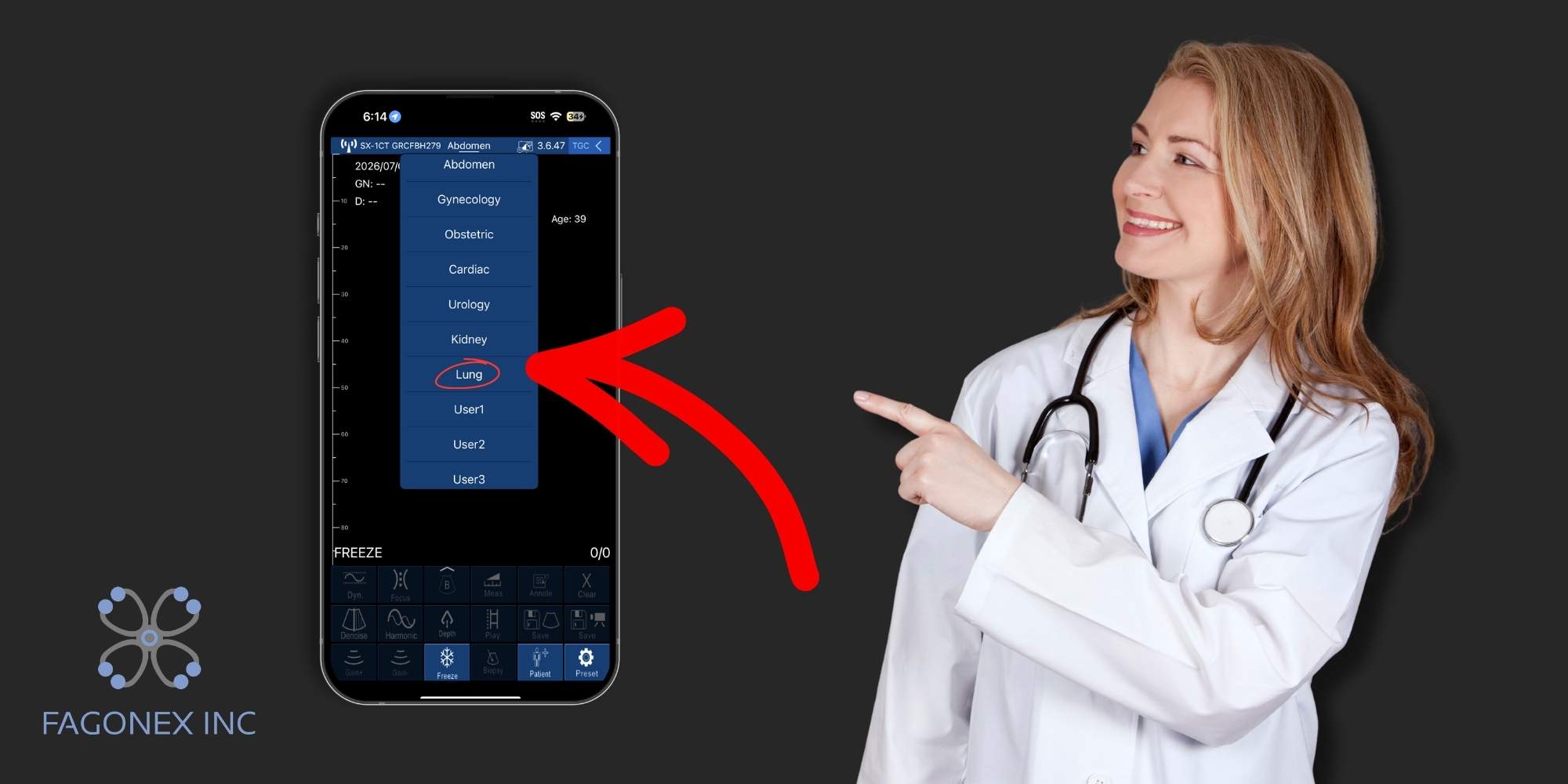 Choosing lung preset on Sono Mobile™ handheld ultrasound