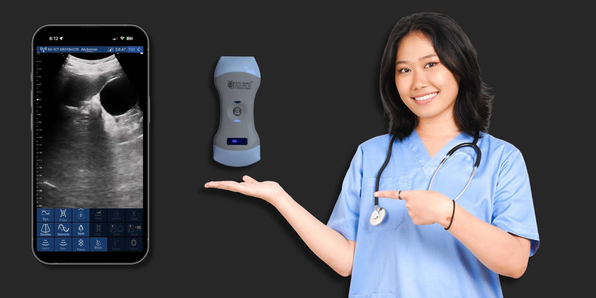 Doctor smiling while using the Sono Mobile™ handheld ultrasound with warranty protection