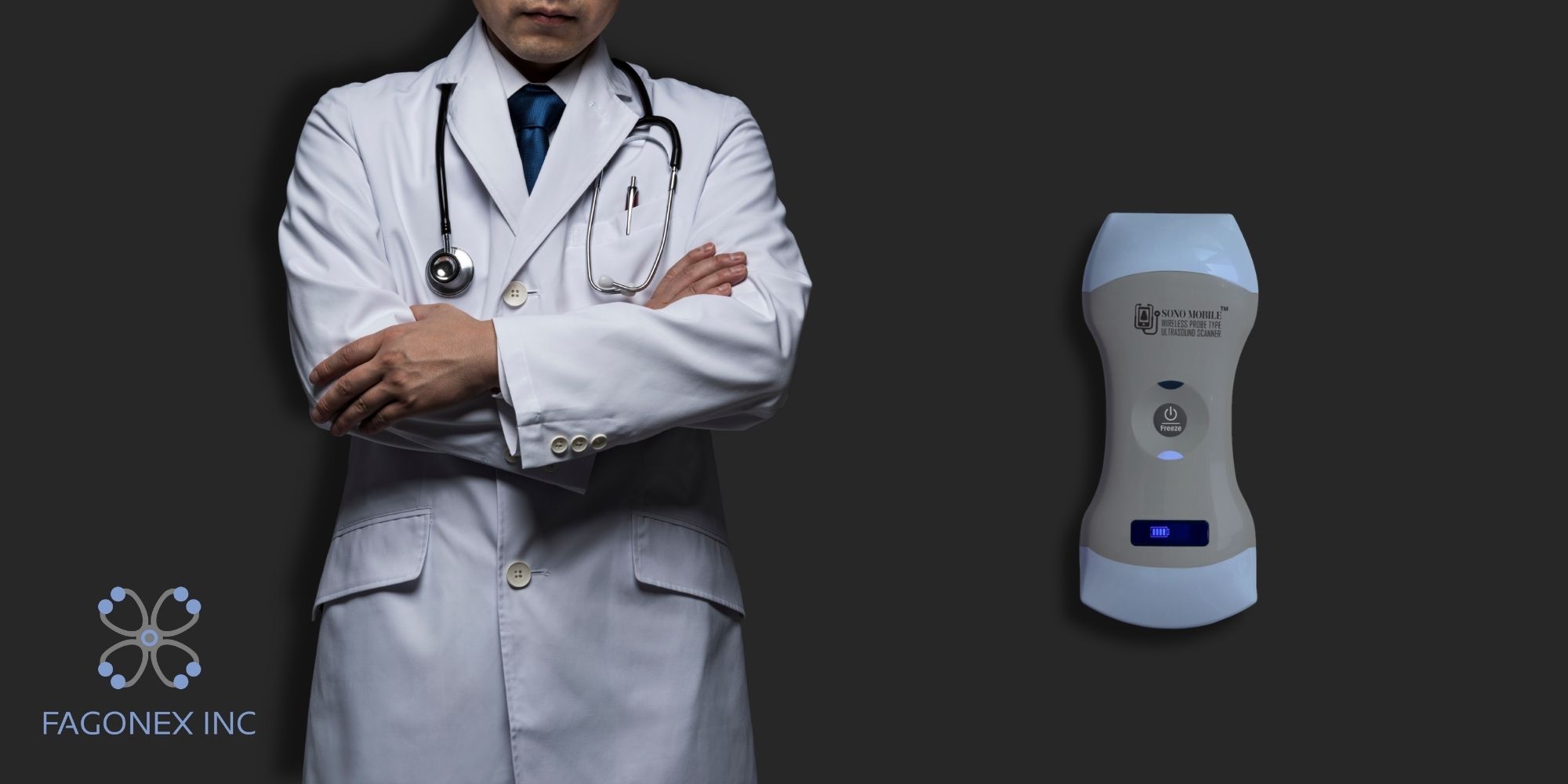 Doctor standing beside Sono Mobile™ handheld ultrasound device