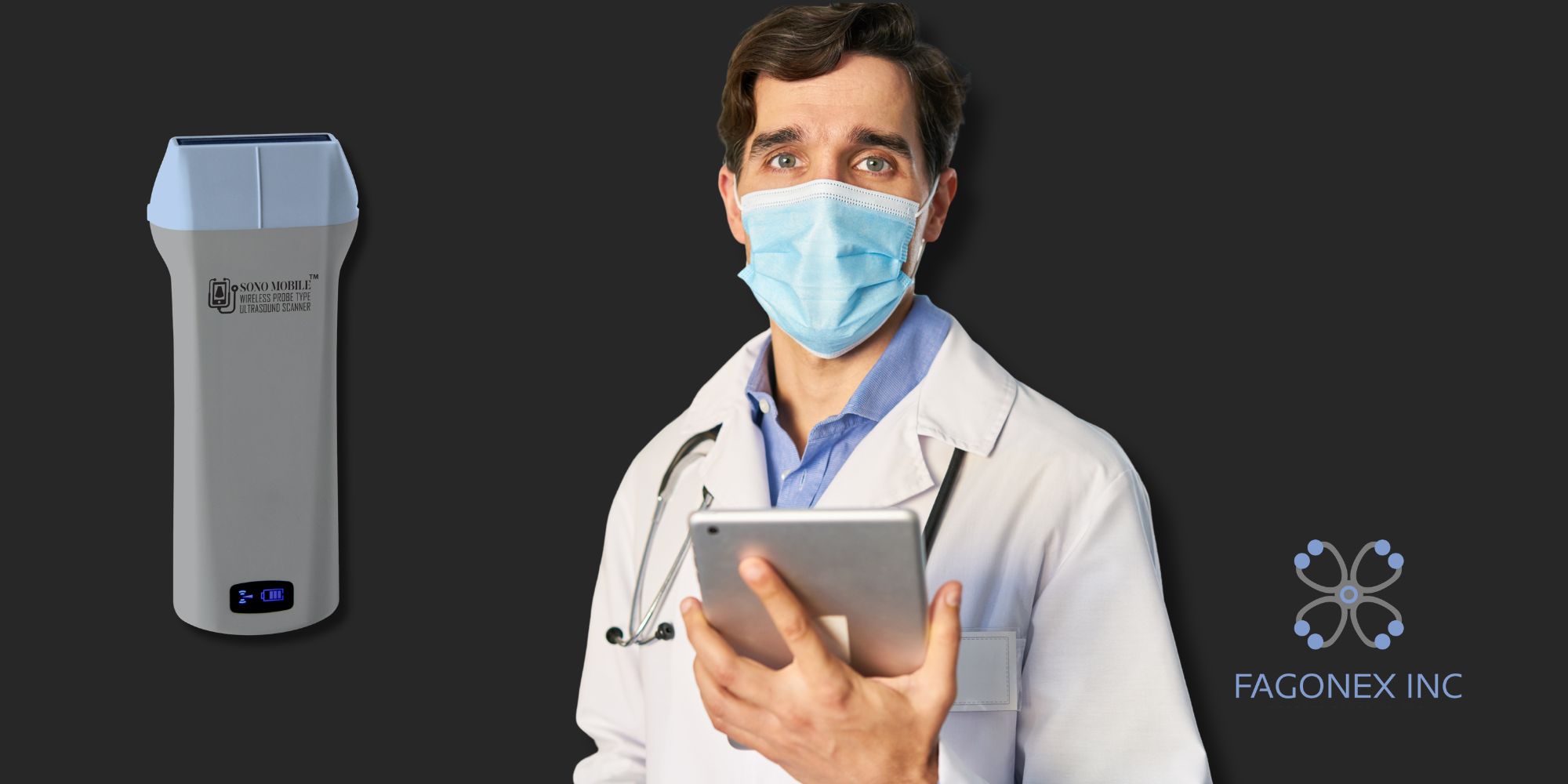 Doctor holding a Sono mobile tablet displaying an ultrasound image
