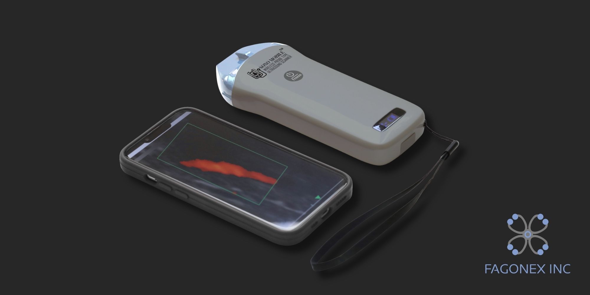 Sono Mobile™ L2 handheld ultrasound connected to a smartphone while scanning a patient