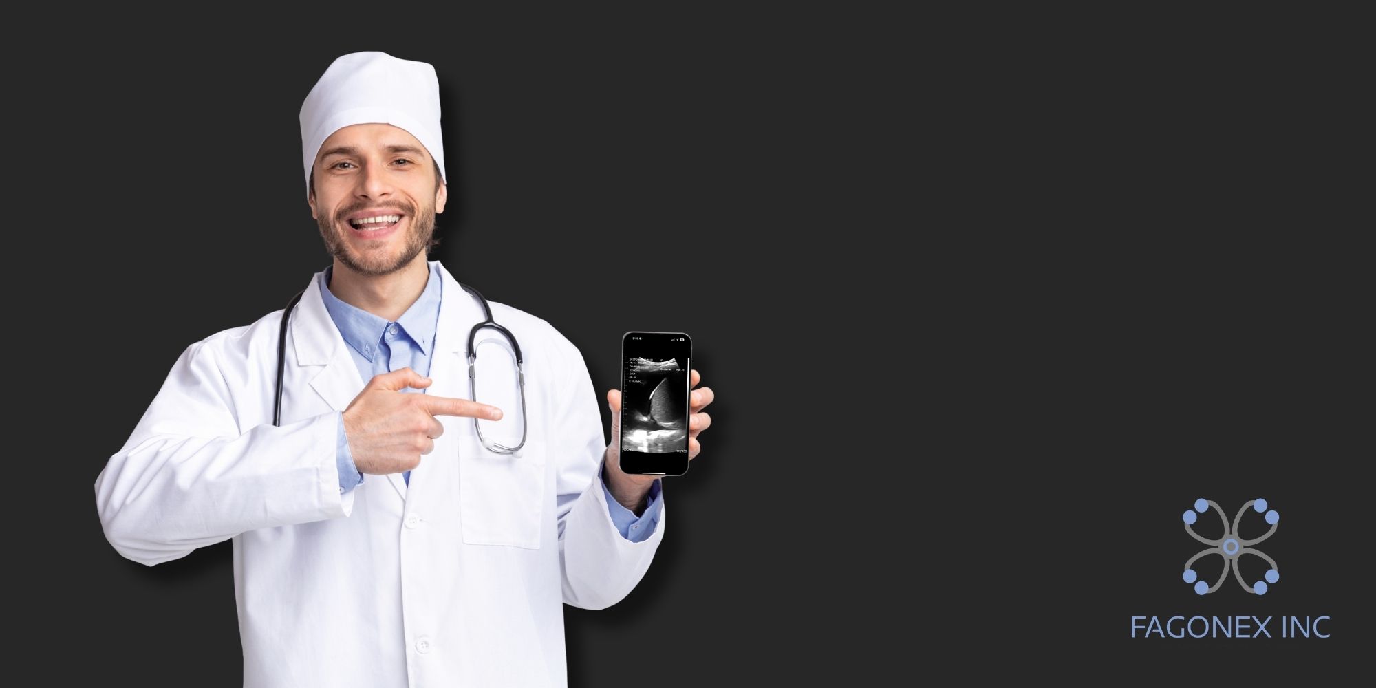 Doctor reviewing ultrasound images on the Sono Mobile™ app during a patient examination.