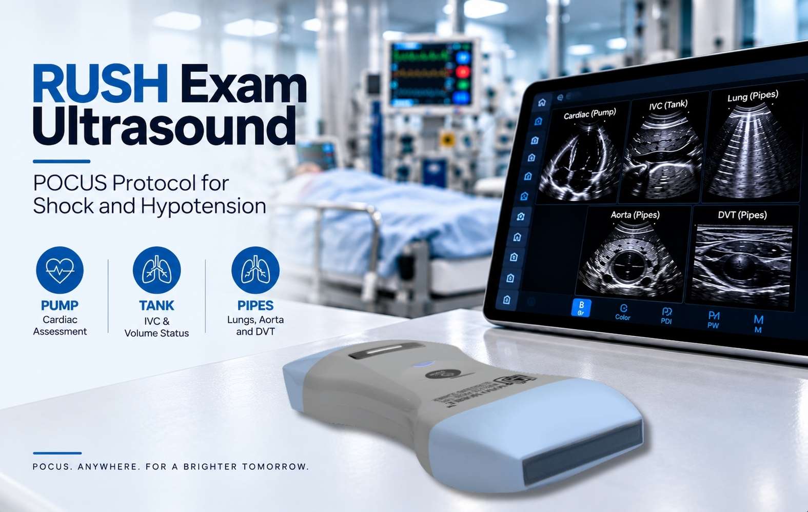 RUSH exam ultrasound POCUS protocol for shock and hypotension with handheld ultrasound