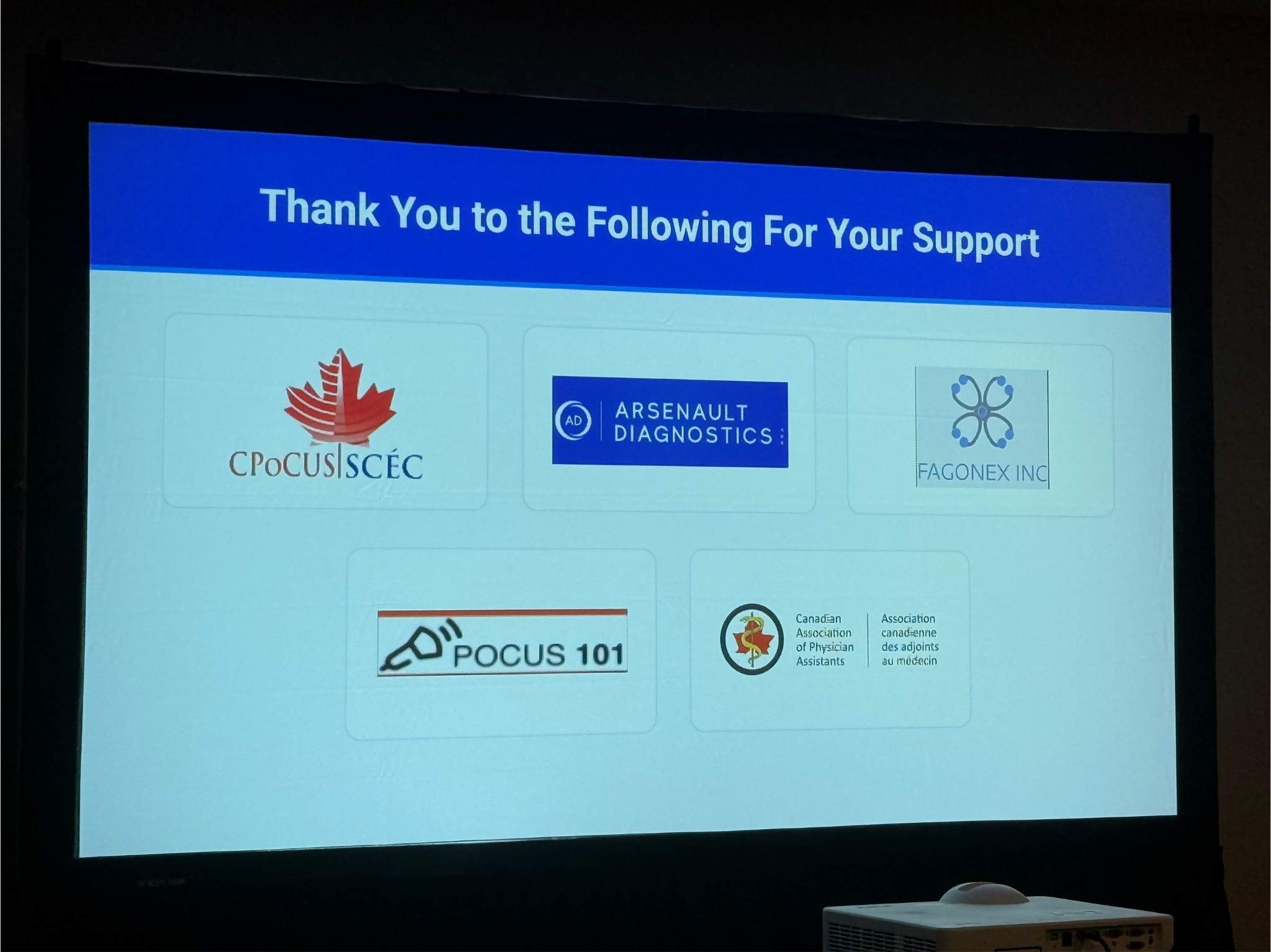 CAPA 2026 POCUS workshop acknowledgment slide showing FAGONEX and other educational supporters
