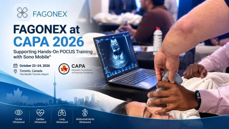 FAGONEX at CAPA 2026 featuring Sono Mobile® handheld ultrasound during hands-on POCUS training for physician assistants in Toronto, Canada.
