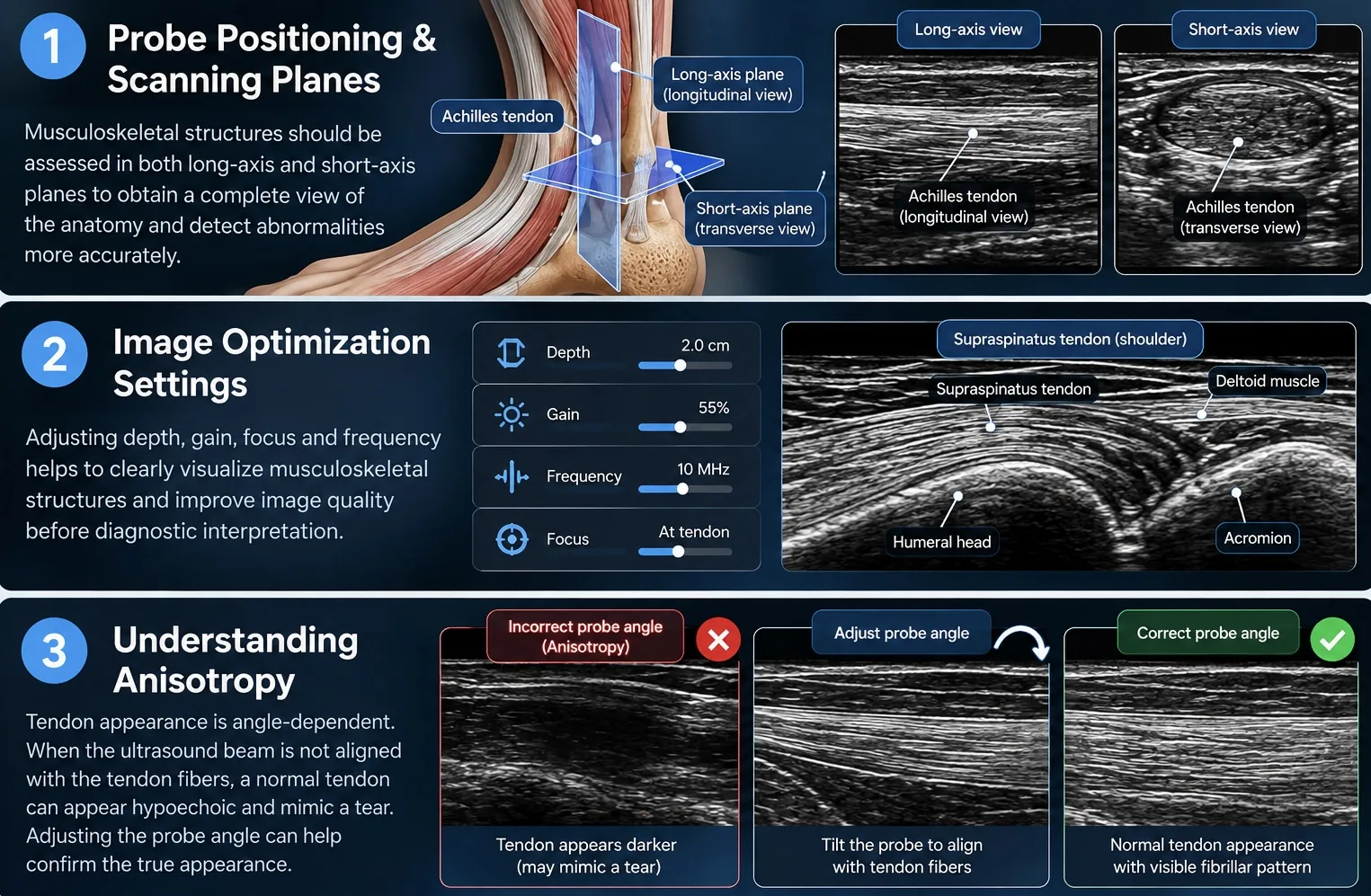 MSK ultrasound scanning techniques illustrating long-axis and short-axis views, image optimization settings and tendon anisotropy
