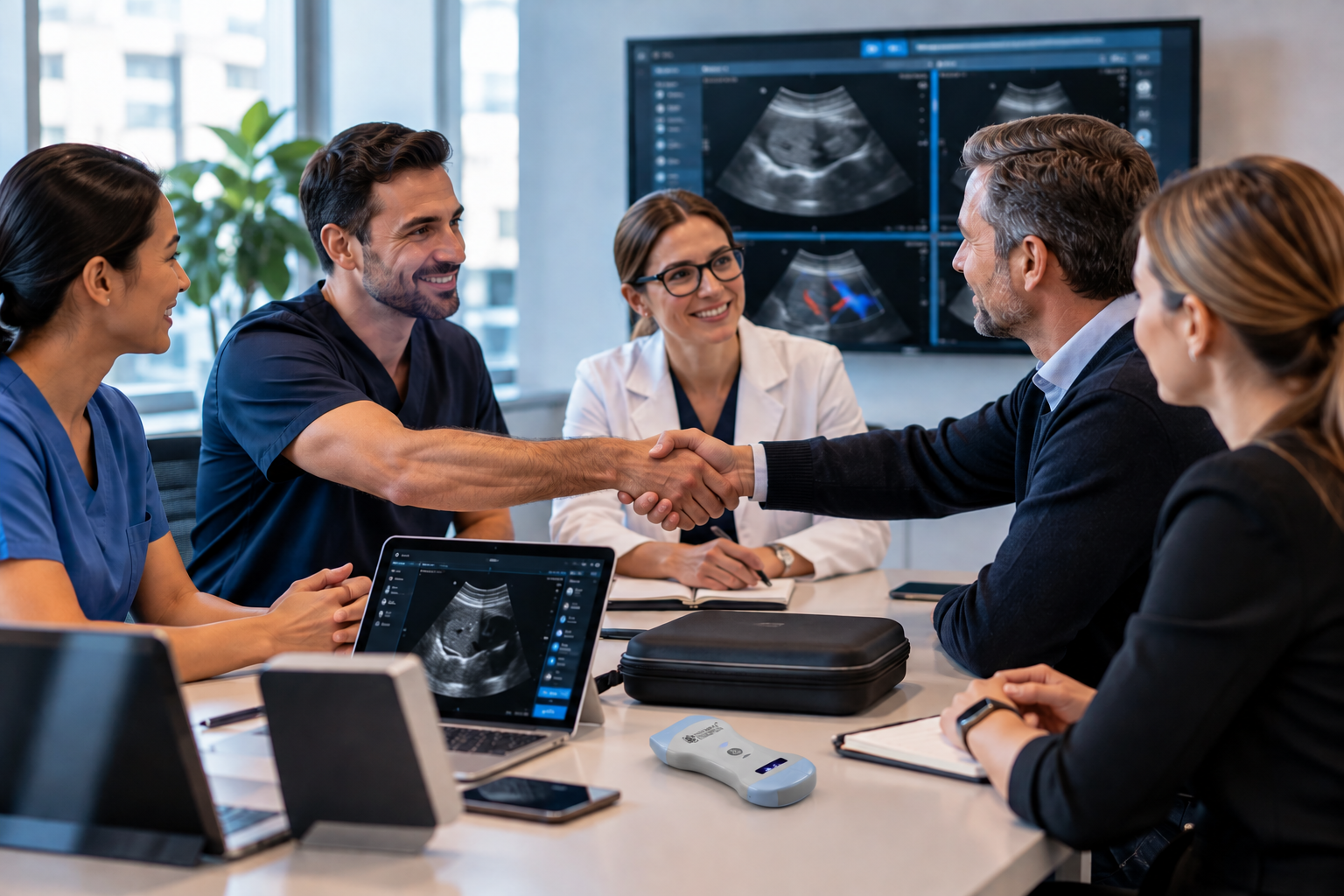Illustration of FAGONEX SonoSavvy POCUS collaboration discussion featuring Sono Mobile® handheld ultrasound
